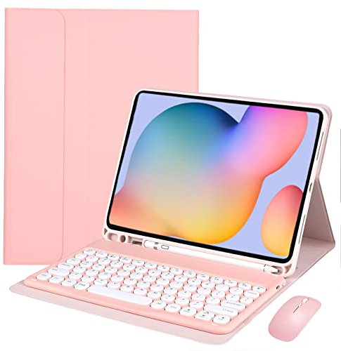 VLEAQC Étui Clavier et Souris pour Samsung Galaxy Tab S6 Lite 10,4 Pouces 2022/2020 (SM-P610/P613/P615/P619), Clavier Bluetooth sans Fil, Touche Ronde, Coque légère avec Porte-Stylo,Rose