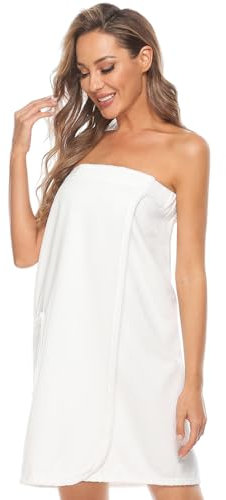 Knuffnee Damen Bademantel Frottee Sauna kilt Saunatuch Saunakilt mit Tasche und Klettverschluss Weiß L