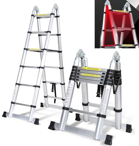 Cecaylie 3,8M (1.9+1.9) Teleskopleiter Klappleiter Aluminium Max Belastung 150 KG/330 Pfund, Ausziehleiter Teleskopleitern, Rutschfester, Silber