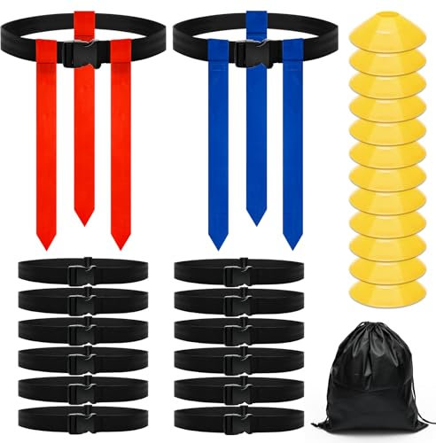 Anglecai Flag Football Belts, 14 Player Flag Football Set, Includes 14 Belts, 42 Flags, 12 Cones and Storage Bag, Flag Football Belts and Flags Set for Players Training