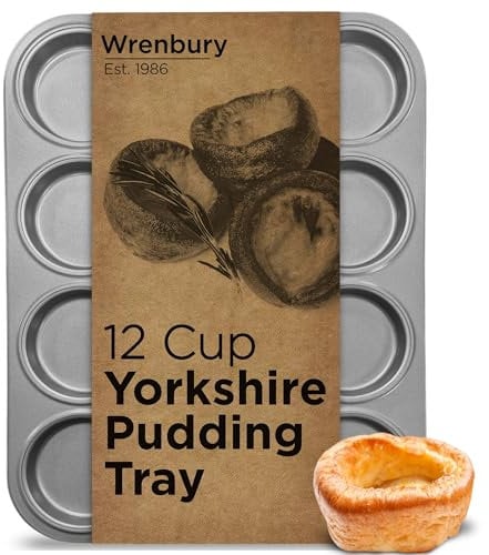 Wrenbury Toughened Yorkshire Pudding Baking Tray 12 Cup - Silver Shallow Yorkshire Pudding Tin - Ideal for Toad in The Hole and Jam Tarts - Non Stick