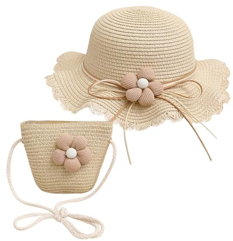 AOOPOO Chapeaux de Paille Filles et Petit Sac Ensemble avec Décoration Florale Chapeau de Soleil d'été Enfant pour Plage Voyage Randonée 2-7 Ans