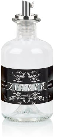 Zuckerstreuer aus Glas ZUCKER mit Geschenkbox & Edelstahl Ausgiesser leer Weiß auf Schwarz