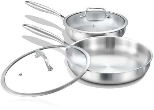 DELARLO Set di padelle a tre strati in acciaio inox con coperchio, 20,3 cm e 25,4 cm, per induzione, grandi padelle da chef, pentole e padelle, set da cucina adatto a tutti i fornelli