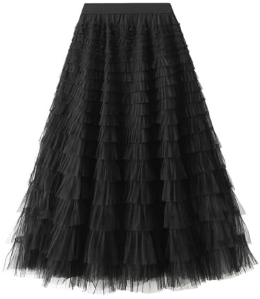 Jemsia Women's Tulle Skirt Midi Ruffles Tiered Cake Skirt Elegant Elastic High Waist A-line Petticoat Mesh Long Tutu Flowy Skirts for Prom Homecoming Birthday Party, Black