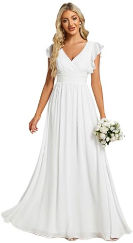Ever-Pretty Robe de Soirée Dos Nu pour Femme Manches Volantées Mousseline Col V Plissé Robe de Demoiselle d'honneur Longue Élégante Blanc 40