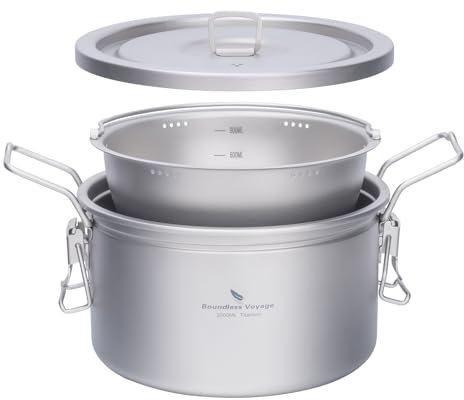 iBasingo 2L Titanium Rice Soup Pot with Lid Camping Cookware Portable Kitchen Cooking Mess Kit Indoor Outdoor Stockpot Ultralight Multifunctional Cooker Ti2087C