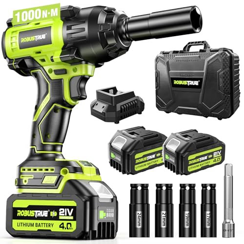 Robustrue - 1000N.m (700 ft-lbs) cordless impact wrench, high-torque 1/2 brushless impact gun, 2 x 4.0Ah 21V max battery, quick charger, 4 sockets, gun