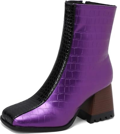 Bviennic Donna Tacco a Blocco Stivali Tacco Alto Stivaletti Square Toe Zip Semplici Stivali da Sera, L295370Or Viola Numero 34 EU