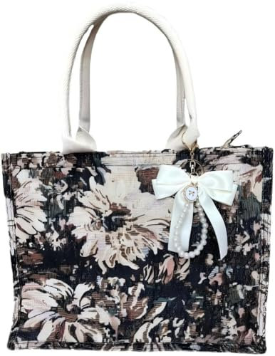 Ardorion Leinentasche mit Reißverschluss und Innentasche Jacquard-Stickerei Shopper mit Perlen und Schleifen Anhänger Handtasche Geschenktasche Einkaufstasche Arbeitstasche Strandtasche (B)