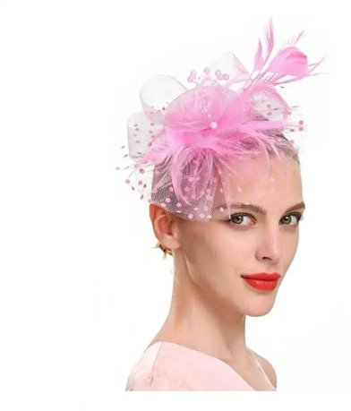 YUEZHAN Stirnband Haarband Damen Fascinators Hut Mit Mesh-Blume Faux Pearl Feder Dekor Kopfstück Tea Party Kopf Bedeckung Clip Retro Hair Hoop Party Stirnband Pink