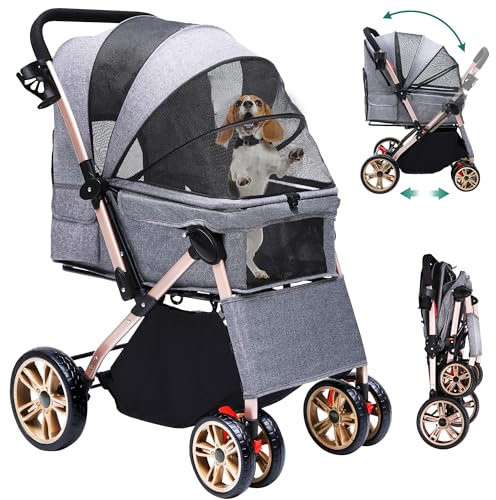 YITAHOME Faltbarer Hundebuggy für kleine Hunde, Haustierbuggy mit umkehrbarem Griff, Netzfenstern, Getränkehalter, 360° drehbare EVA-Räder mit Bremsen (Grau)