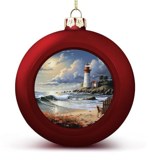 2024 Weihnachtskugel-Ornamente, groß, bruchsicher, Meeres-Leuchtturm, Sandstrand, Weihnachtsbaumschmuck, Kugeln, roter Stil, hängende Weihnachtsschmuck für Weihnachtsbaum, Feiertagsdekoration