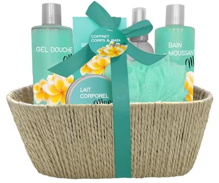 Coffret Bain Monoï - Bain Moussant 300ml, Gel Douche, Lait Corps, Brume, Sels de Bain - Cadeau Femme Beauté, Soin Corps, Bien Etre - Kit Cocooning Panier Corde Monoï French Tendance