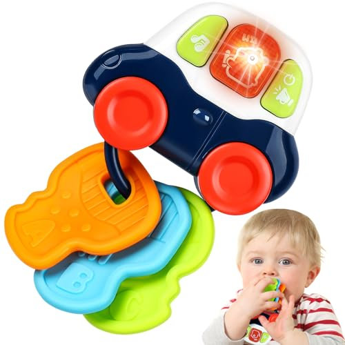 2-in-1 Baby Beißring - Beißring-Schlüssel & Musikauto | Lebensmittelechtes Silikon-Baby-Schlüsselspielzeug | Montessori-Sensorik-Musikspielzeug mit Licht | Reisespielzeug für Kinder 0-36 Monate(Blau)