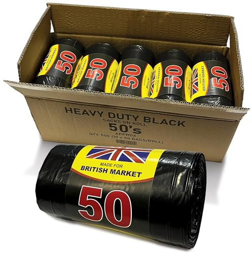 JeeJaan® 10 Rolls of 50 Black Bin Bags - 50L Capacity Bin Bags Heavy Duty - Rubbish Bags Wastage Liners Trash Bags for Kitchen Office Diy Refuse Sacks Garden Bags Made from 100% Recycled Material