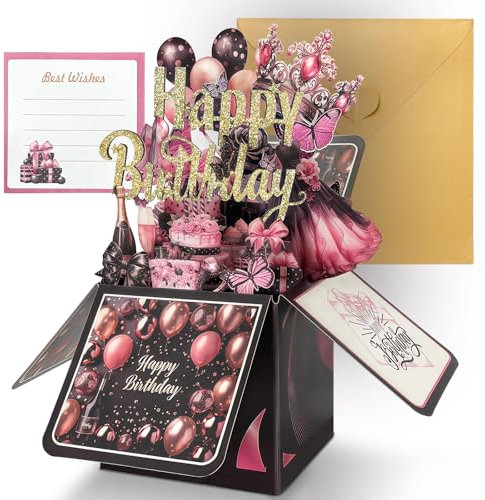 Hierein Birthday Cards for Women, 3D Rose Gold Pop Up Greeting Cards, Pop-up Gift Card Box with Envelope, Personalised Happy Birthday Card for Mum, Daughter, Sister, Wife, Female Friend, Granddaughter