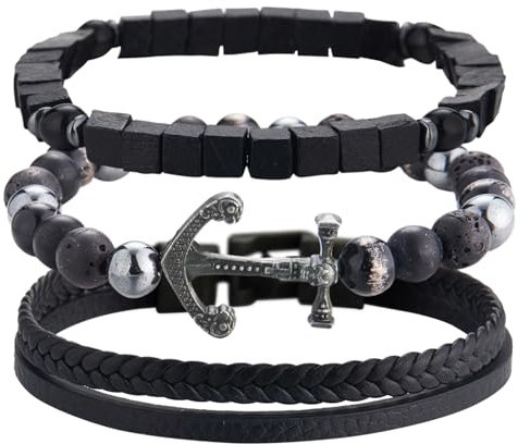 Dazylleco Set di 3 Bracciale da Uomo in Pietre Naturali, Catena Cubana e Corda Regolabile - Regali di Gioielli Fatti a Mano