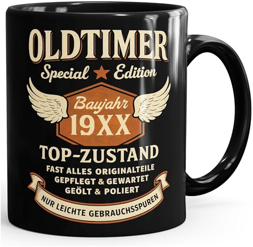 MoonWorks® Kaffee-Tasse Geburtstag Oldtimer Geschenk für Männer personalisiert mit Alter Geburtsjahr Vintage-Design Schwarz standard