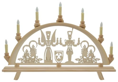Erzwelt - Lichterbogen DBR55 – Motiv Engel & Bergmann mit Kerzen | 55 x 37 x 5 cm – Schwibbogen aus Holz – Leuchtbogen mit 7 Kerzen – Original Erzgebirge Fensterbogen – Weihnachtsdeko