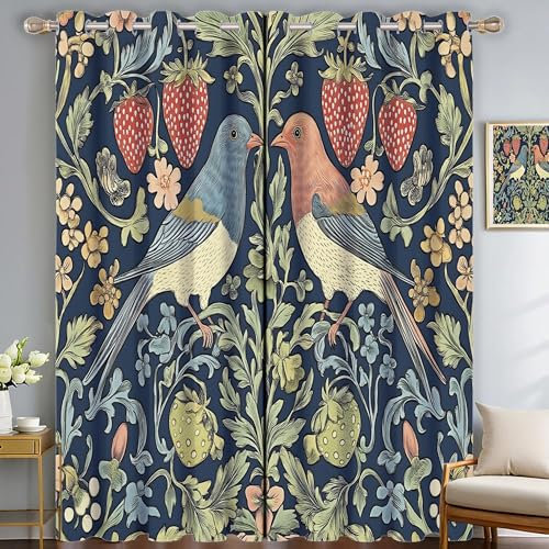 Vintage Singvogel Motiv Schlafzimmer Vorhänge Wohnzimmer Marine Fensterschal H200Xb140 cm Barockstilkunst Ösenvorhang 2Er Set Polyester Thermovorhang Blickdicht Dekorative