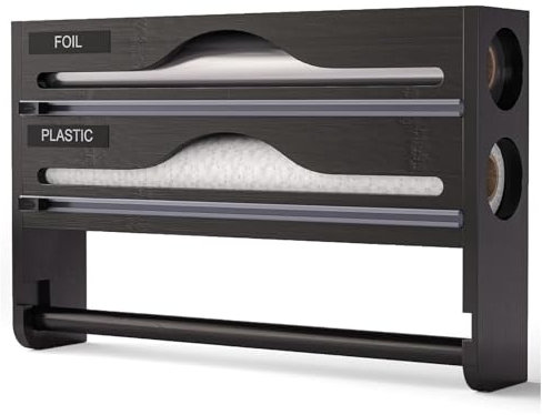 3 in 1 Foil Dispenser and Cutter, Foil Cutters Bamboo Film Organiser Storage, Compatible with 13.5 or Lower Roll, for Kitchen Cling Film Tin Foil Parchment Paper (Black, 3in1)