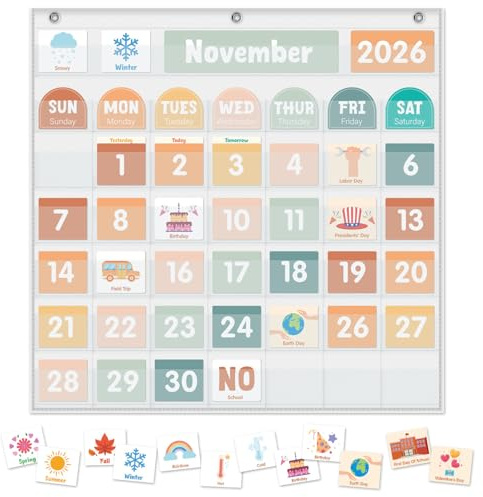 Großes Kalender-Taschendiagramm, Kalender zum Lernen, Klassenzimmer, Kalender, Taschendiagramm mit 115 Karten für Klassenzimmer, Kalender und Wetter, Taschendiagramm für Zuhause, Kindergarten, Lernen