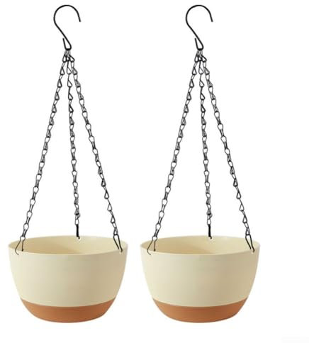 Vilgftyiet Macetas colgantes de riego automático para interiores y exteriores, con agujeros de drenaje, cadena para jardín, balcón, ventana, paquete de 2 (beige)