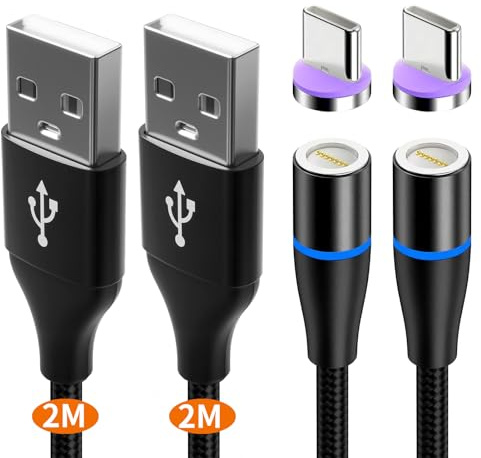 Cavo Magnetico USB C [2Pack 2M] Tipo C in Nylon Intrecciato con Connettore Magnetico, Ricarica e Trasferimento Dati per Sam-sung Galaxy S22, S21, S20, A33, One-Plus, Hua-wei, So-ny e Altri Dispositivi
