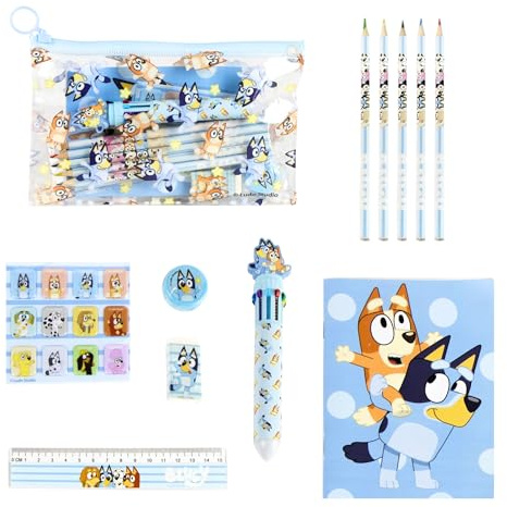 Bluey Juego de Papelería, Incluye Incluye 5 Lapices de Colores, Regla Boligrafo 6 Colores Pegatinas Goma de Borrar Sacapuntas Cuaderno y Estuche, Regalo Set de Papeleria para Niños