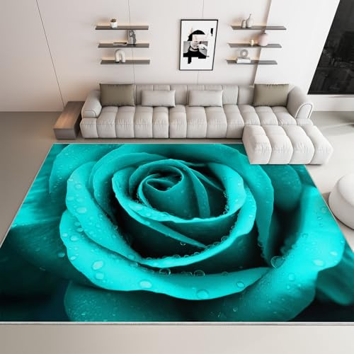 Teppich Wohnzimmer Waschbar Kurzflor - Flauschiger Rutschfester Exquisit Blumen Rosen Teppich Schlafzimmer Esszimmer Flur, Super Weich Langlebig, Petrol, 60 x 110 cm