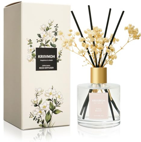 KRIIVMOH Raumduft Reed Diffuser mit 8 Duftstäbchen 200ml Orangenblüte Duft, Home Duft ätherisches Öl Reed Diffusor für Badezimmer Regal Dekoration