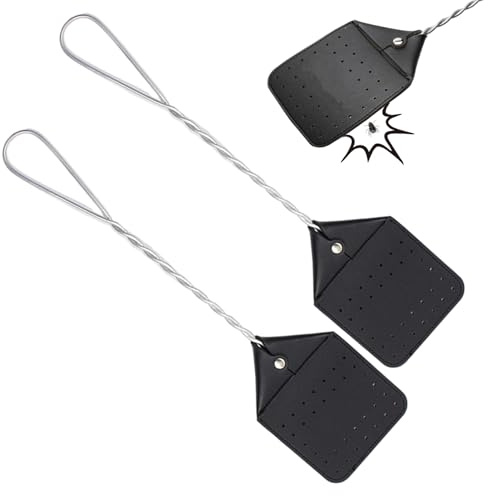 Grtheenumb Matamoscas de Metal, matamoscas de Cuero PU con Mango de Metal 17, 2 para Moscas Abejas Interior Exterior hogar