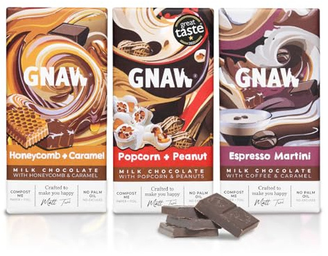 GNAW Fan Favourites Milk Chocolate Variety Pack – 3 x 80g Luxury Milk Chocolate Bars Multipack – Popcorn & Peanut, Honeycomb & Caramel & Espresso Martini – Letterbox-Friendly Gift Box, Palm Oil Free