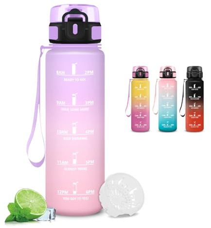 Mujigaga Gourde 1l, Gourde Sport, Bouteille Anti-Fuite, Bouteille Motivation avec Verrouillage de Sécurité, Facile à Nettoyer, Gourde Plastique, Facile à Transporter, pour Running, École, Voyage