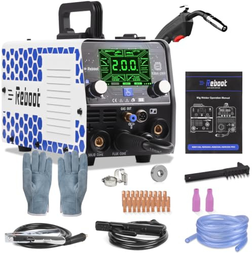 Reboot Saldatrice MIG 5 in 1 200A Sinergica - MIG MAG con/senza gas, Filo Animato, Lift TIG, MMA, Punti - Saldatura Alluminio - 240V Portatile per Fai da te e Officina - RBM2000G