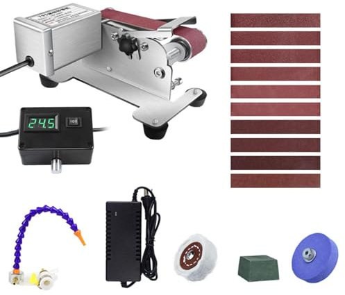 Affilacoltelli Elettrico, Levigatrice Umido Banco con Velocità Regolabile 0-13000 Giri/Min, Levigatrice Nastro Impermeabile con Nastri Abrasivi E Disco Lucidante Inclusi Per Levigare,Silver