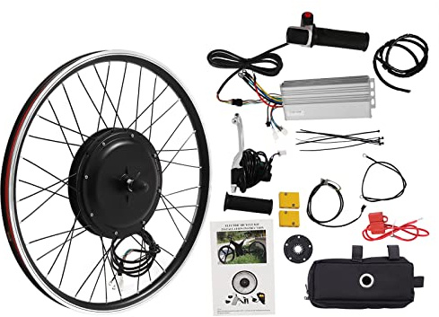 E-Bike Umbaukit 1000W 48V 26 Zoll Elektrofahrrad Konversionskit,Fahrrad E-Motor Umbausatz Vorderradantrieb,Bürstenloser Motor 55 km/h Leerlauf Frontantrieb Controller Tasche Für City Mountainbike