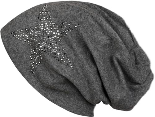 styleBREAKER Damen Beanie Mütze mit Strass Nieten Stern und Schmucksteine Silber-anthrazit, Slouch Longbeanie 04024087, Farbe:Dunkelgrau meliert