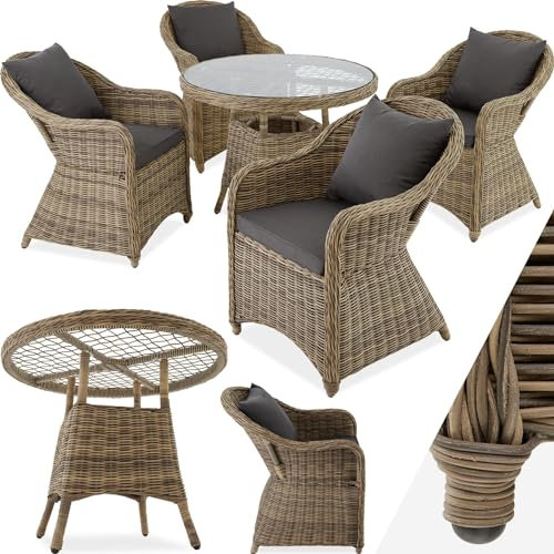tectake® Sitzgruppe, Rattan Gartenmöbel Set, 1x Tisch und 4X Stuhl, Möbel wetterfest als Lounge im Wintergarten, Balkonmöbel, Gartensessel, Terrassenmöbel - Natur