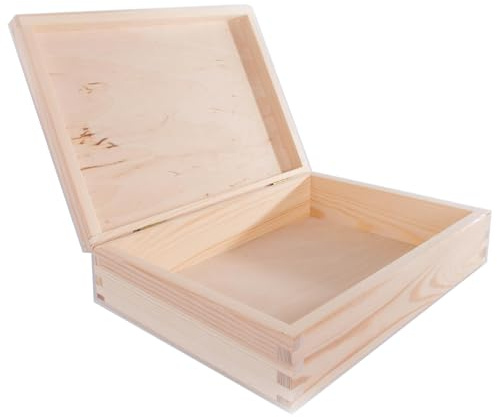 WooDeeDoo Rectangular Wooden Storage Box with Hinged Lid – 26.5 x 19 x 6.5 cm – Unpainted Pine Craft Box for Keepsakes Jewellery Trinkets DIY Decoration Painting Staining Decoupage
