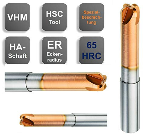 VHM Fräser 65 HRC mit Eckenradius, Kopierfräser, 2-12 mm Standard/Lang 65 HRC, Größe: 12ER3x5x24x100 - d2=12 mm(Z=4)