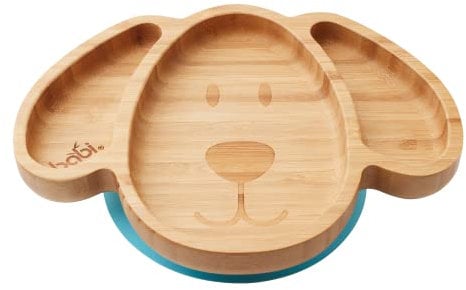 BABI® Baby Toddler Large Dog Plate, Natural Bamboo, with Stay Put Silicone Suction Ring (Blue)