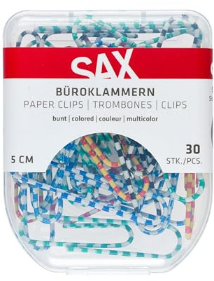SAX Büroklammern 5 cm 30 Stück, Metallklammern für große Dokumentenstapel, Kunststoffbox mit Sicherheitsverschluss, Bürobedarf Organisation