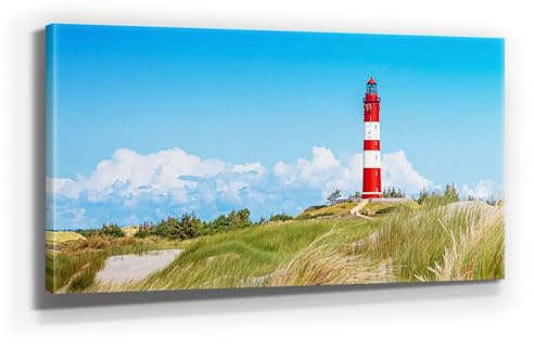 Atemberaubendes Nordsee Panorama Leinwand-Bild 120x60cm, Motiv Leuchtturm auf Amrum. Ein einzigartiges XXL Wandbild als Deko für Wohnzimmer, Schlafzimmer, Küche. Aufgespannt auf Holzrahmen