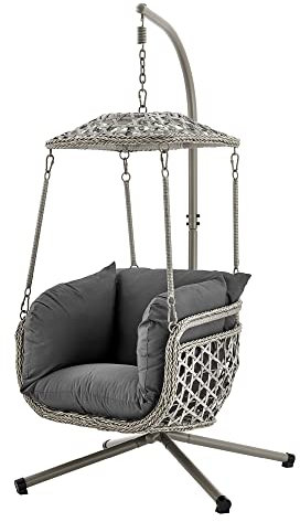 LIVIVO Rattan Cocoon Egg Swing Chair with Canopy – Woven Rattan Powder Coated Steel - Perfect for Relaxing in Garden, Patio, Outdoor & Indoor Furniture Luxury Cushions – GREY