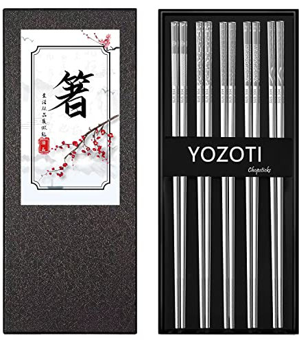 YOZOTI Edelstahl Essstäbchen - 5 Paar Silber Wiederverwendbare Metall Essstäbchen Spülmaschinenfest Einfach zu Bedienen Quadratisch Leicht Geschenkset