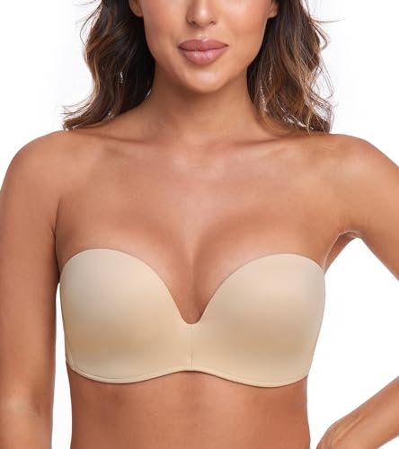Lemorosy Soutien-Gorge Femmes sans Bretelles avec Rembourré Push up Design d'ailes Confortable(Beige,105C)