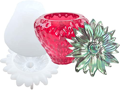 Dirfuny Silikonform Epoxidharz Dose mit Deckel, Erdbeere Resin Form Vorratsdosen Blumentopf Behälter Resin Molds für Schmuckkästchen