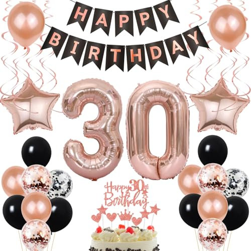 Décoration Anniversaire 30 Ans Femme - Ballons Rose Or Noir - Déco Gâteau